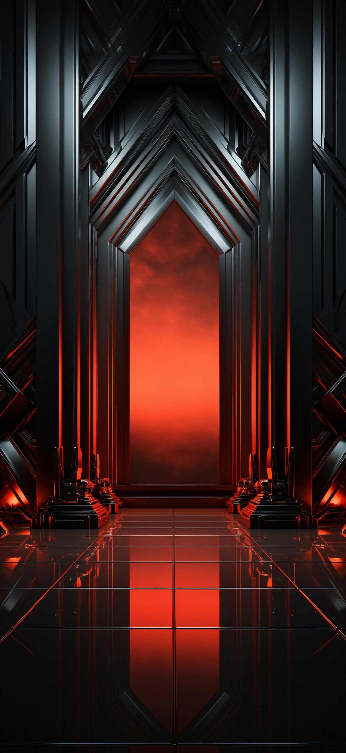 A dark gate opening into red light